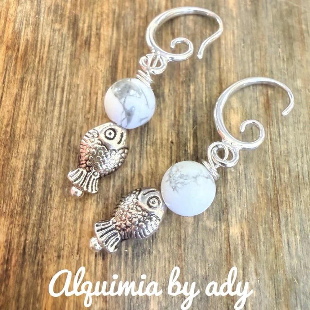 BOHO DANGLES + Silver and White howlite Fish Earrings
